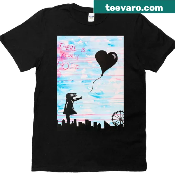 Silhouette of a girl with a heart balloon against a skyline on a t-shirt