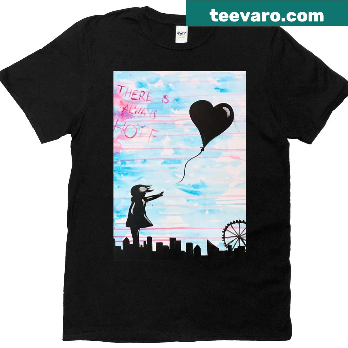 Silhouette of a girl with a heart balloon against a skyline on a t-shirt — on a men's t-shirt