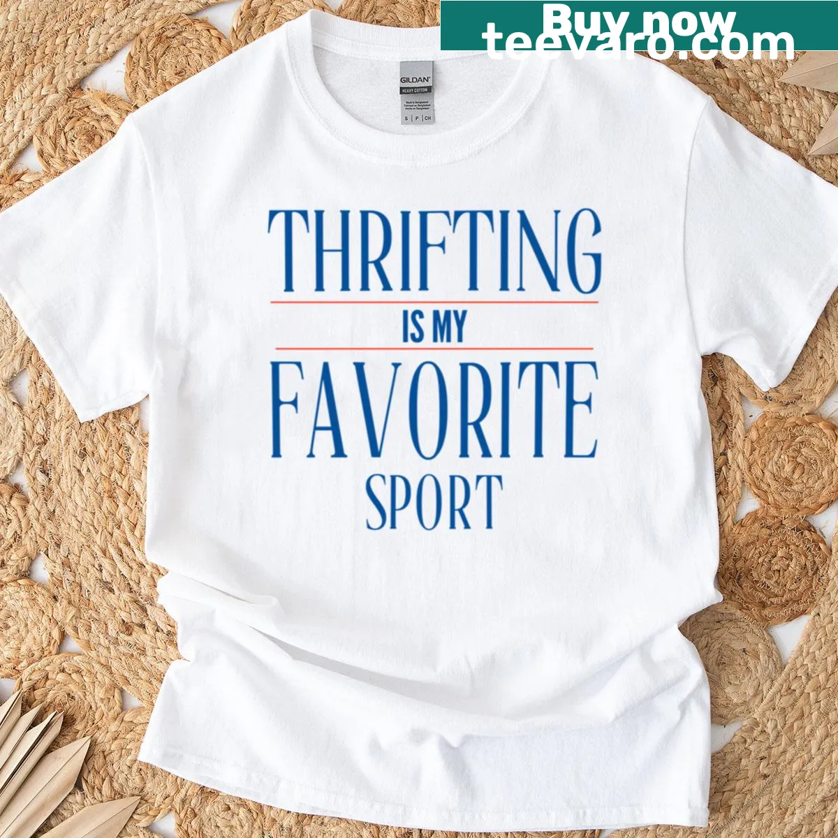 Playful T-shirt with text about thrifting as a sport — on a men's t-shirt