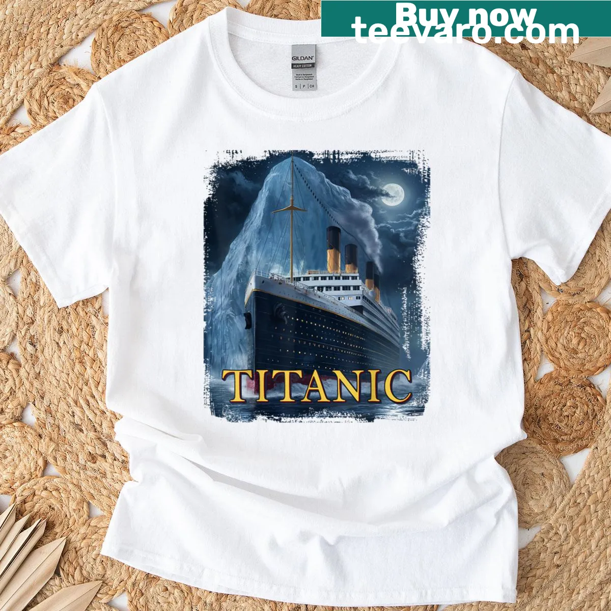 Illustration of the Titanic hitting an iceberg on a black t-shirt — on a men's t-shirt
