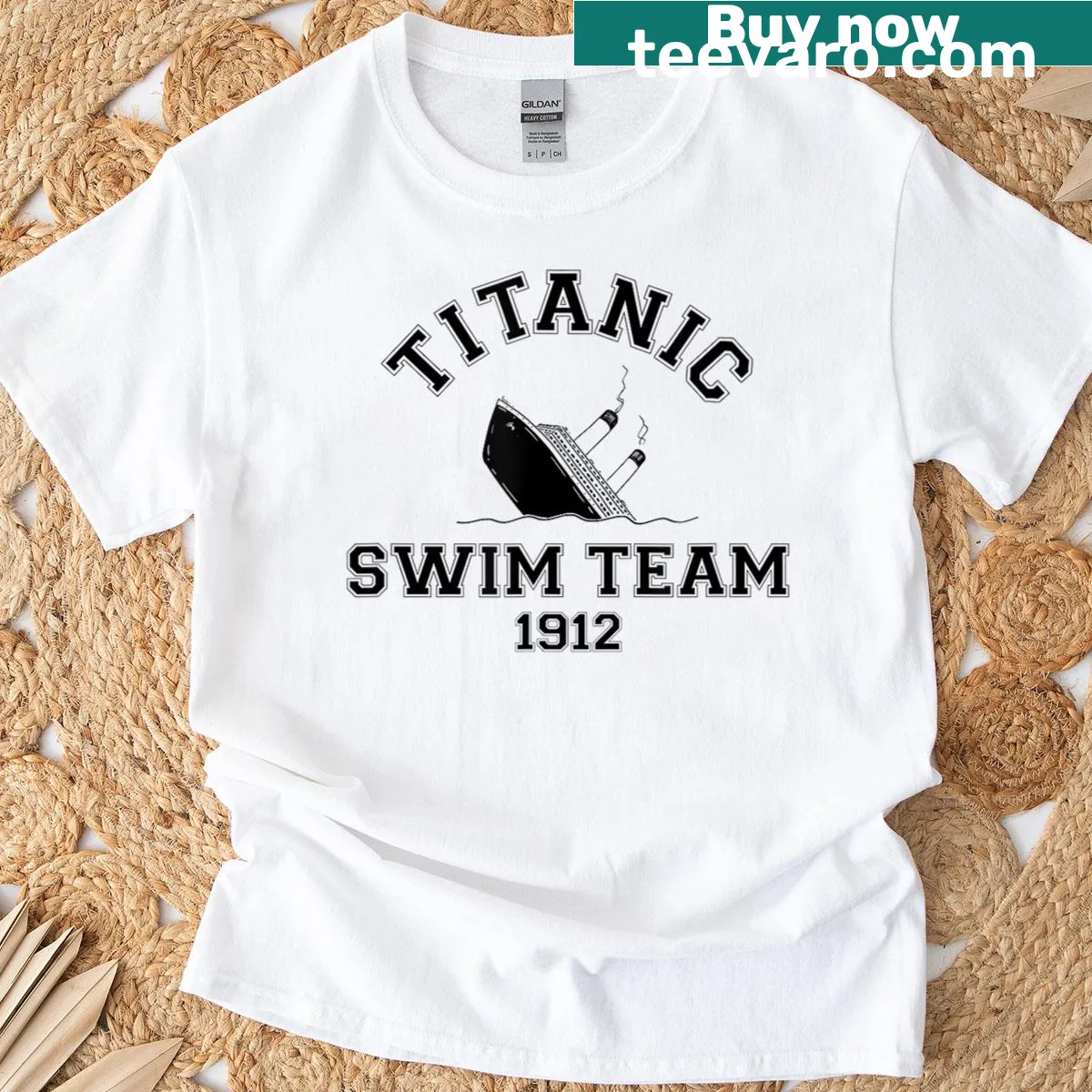 Sarcastic Titanic Swim Team men's T-shirt with playful text — on a men's t-shirt