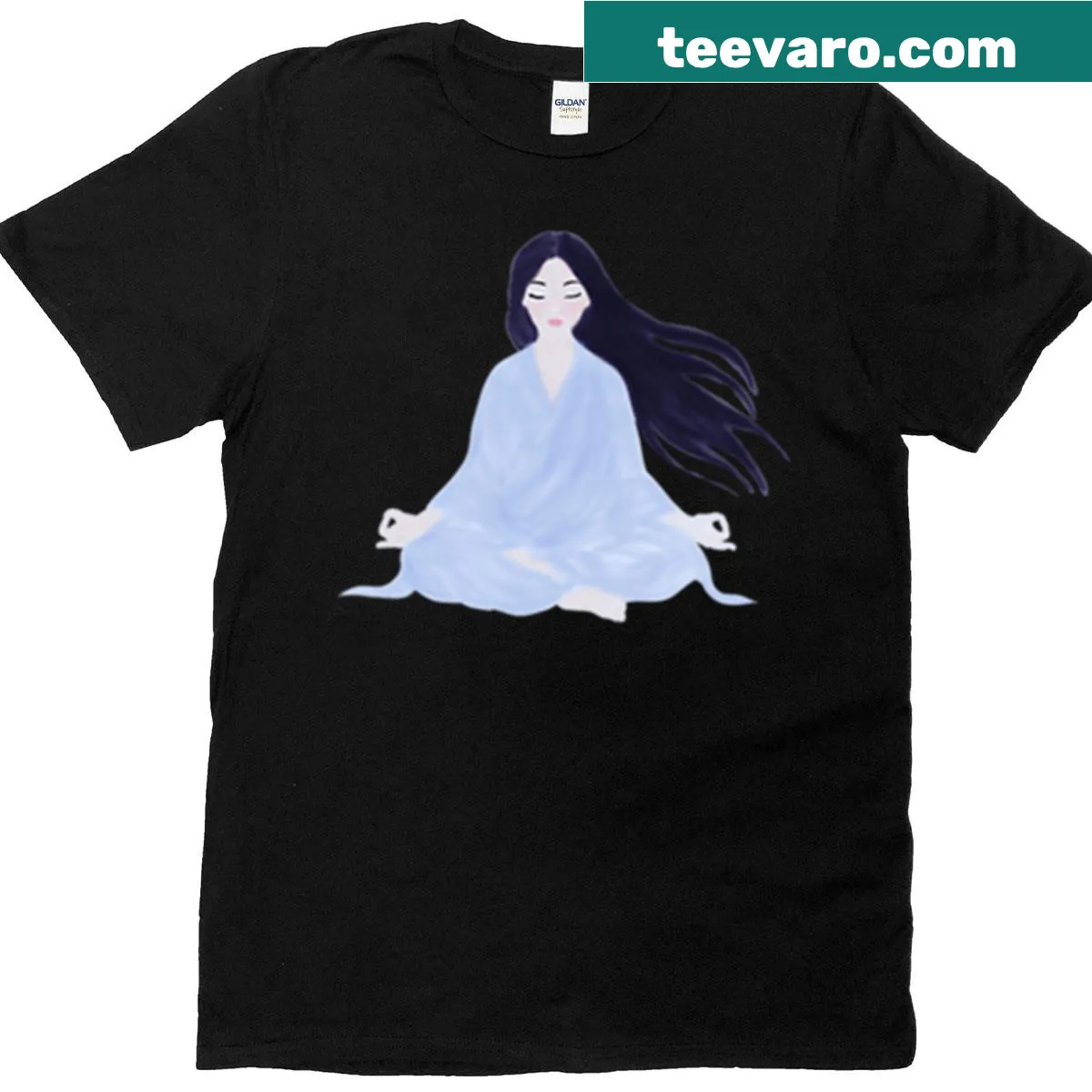 Illustrative T-shirt featuring a meditative woman in blue robes — on a men's t-shirt