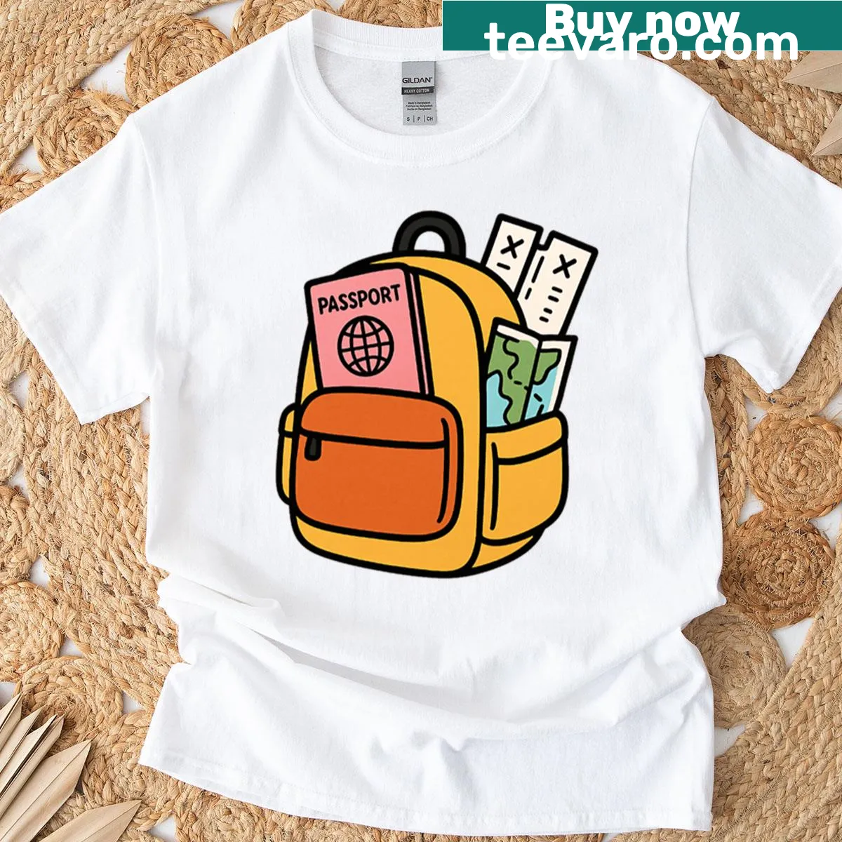Whimsical T-shirt with travel-themed illustration including a backpack — on a men's t-shirt