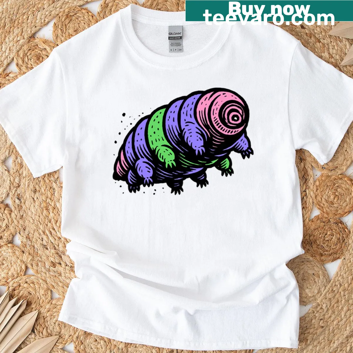 T-shirt with tardigrade and trigender pride flag illustration — on a men's t-shirt