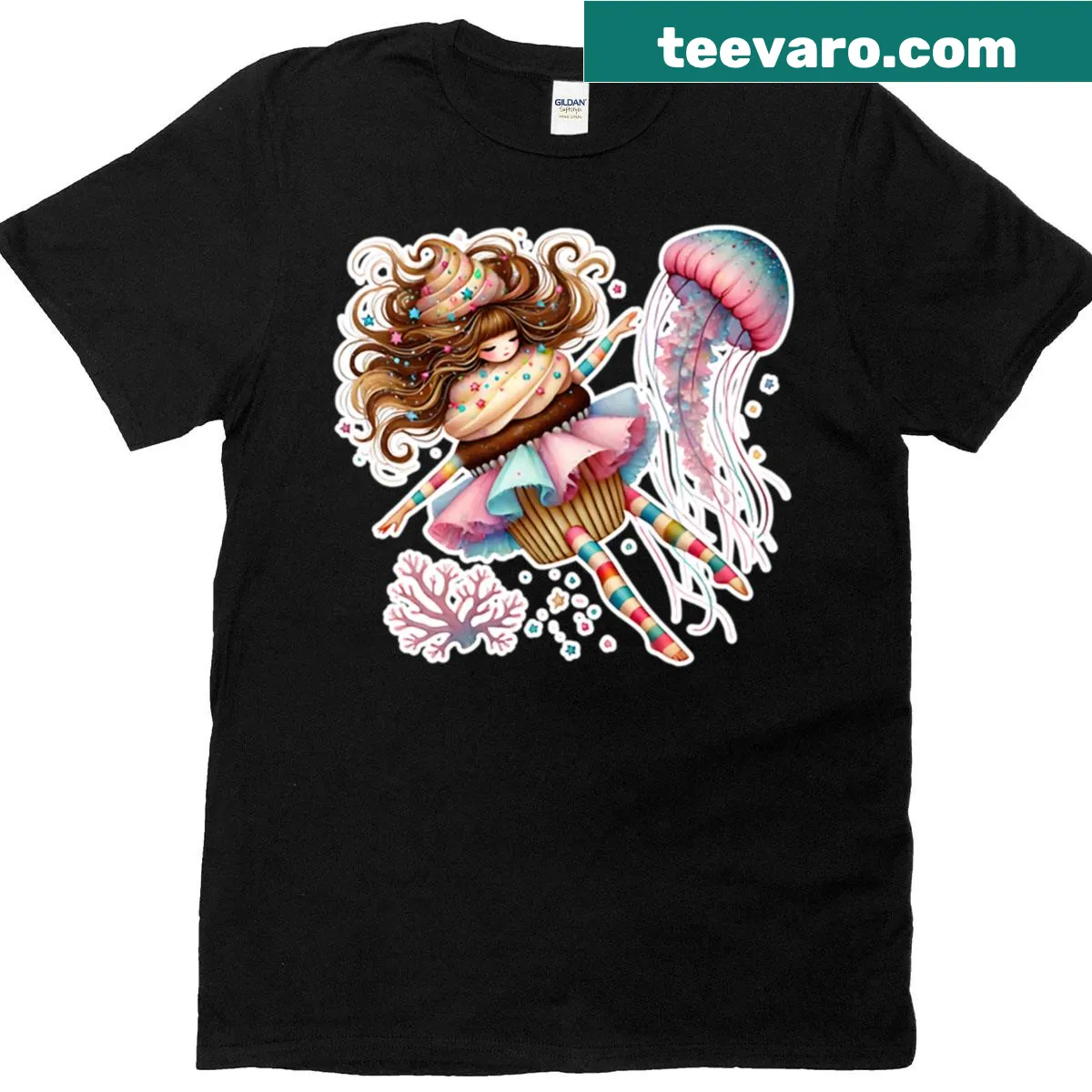 Mermaid girl with cupcake and jellyfish graphic on T-shirt — on a men's t-shirt