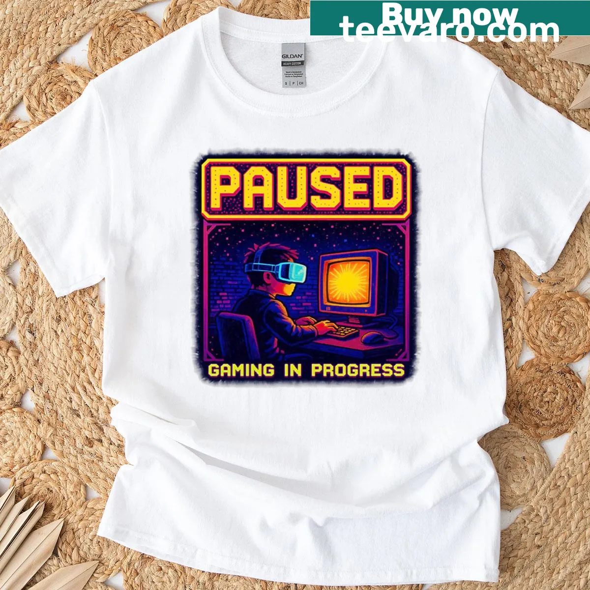 Funny gamer T-shirt with paused gaming graphic — on a men's t-shirt