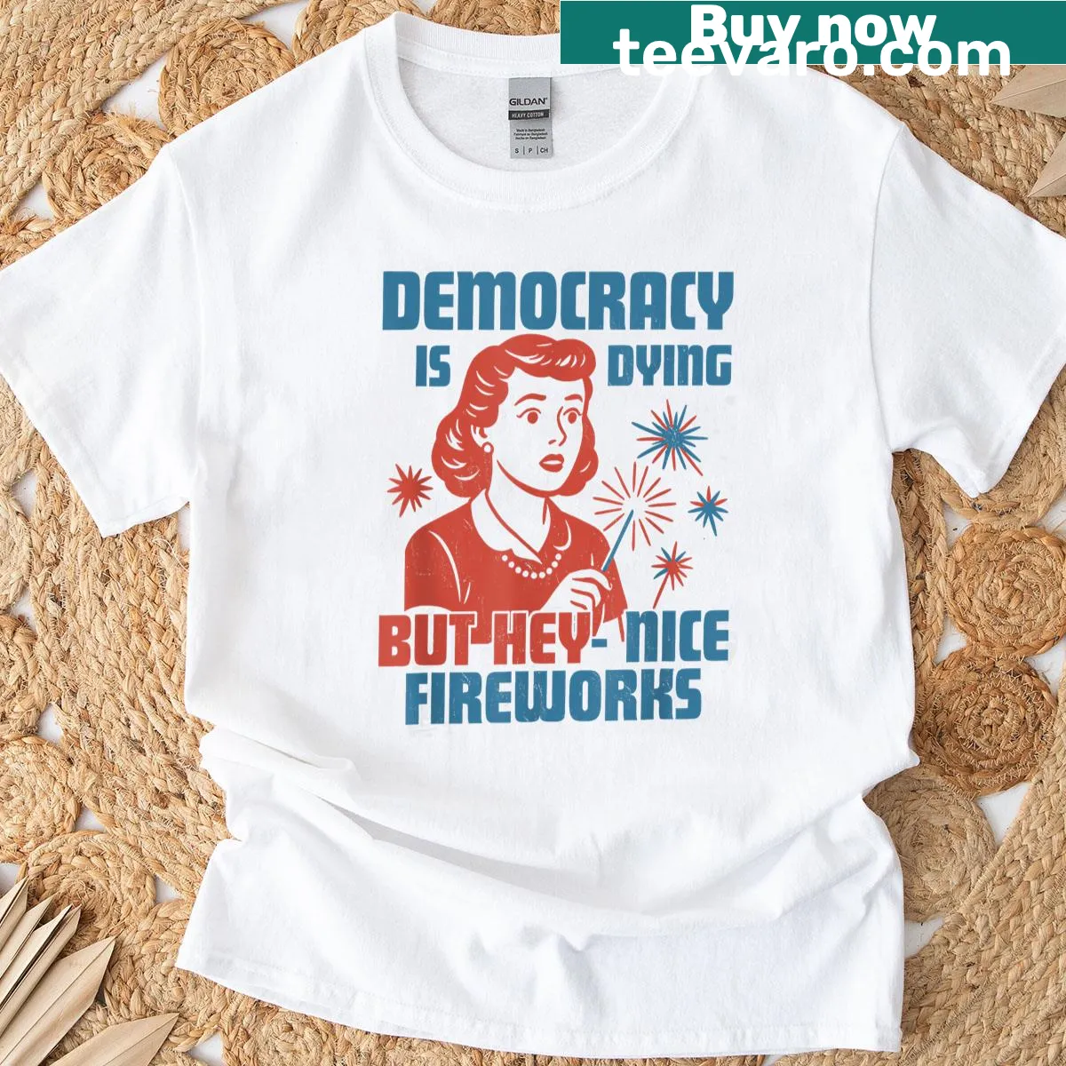 Vintage July 4th T-shirt with a humorous message about democracy — on a men's t-shirt