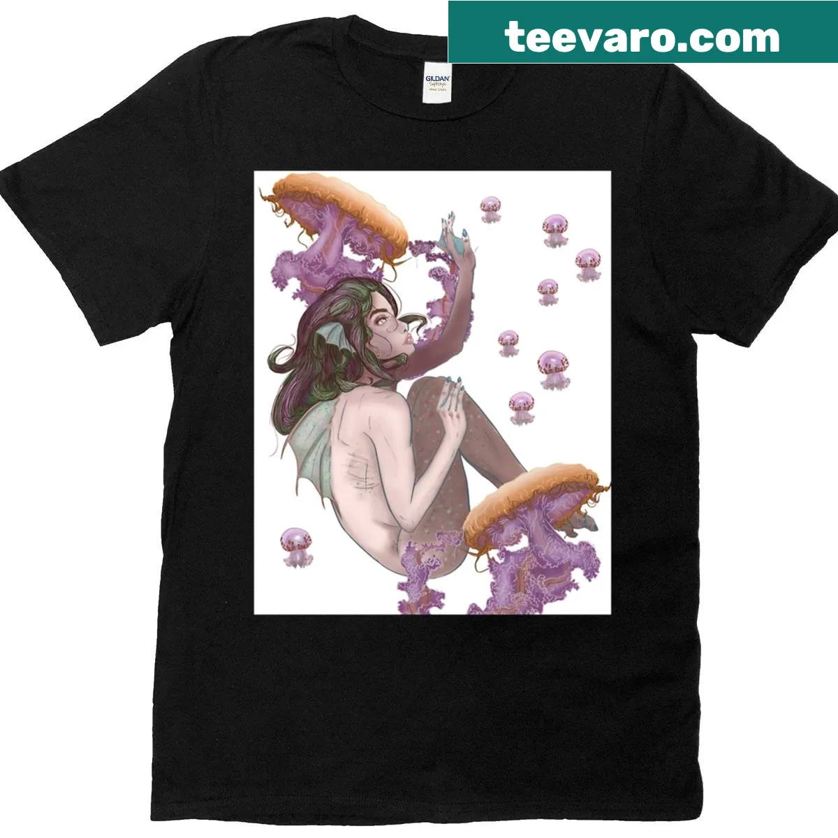Illustrated naïad graphic on T-shirt — on a men's t-shirt