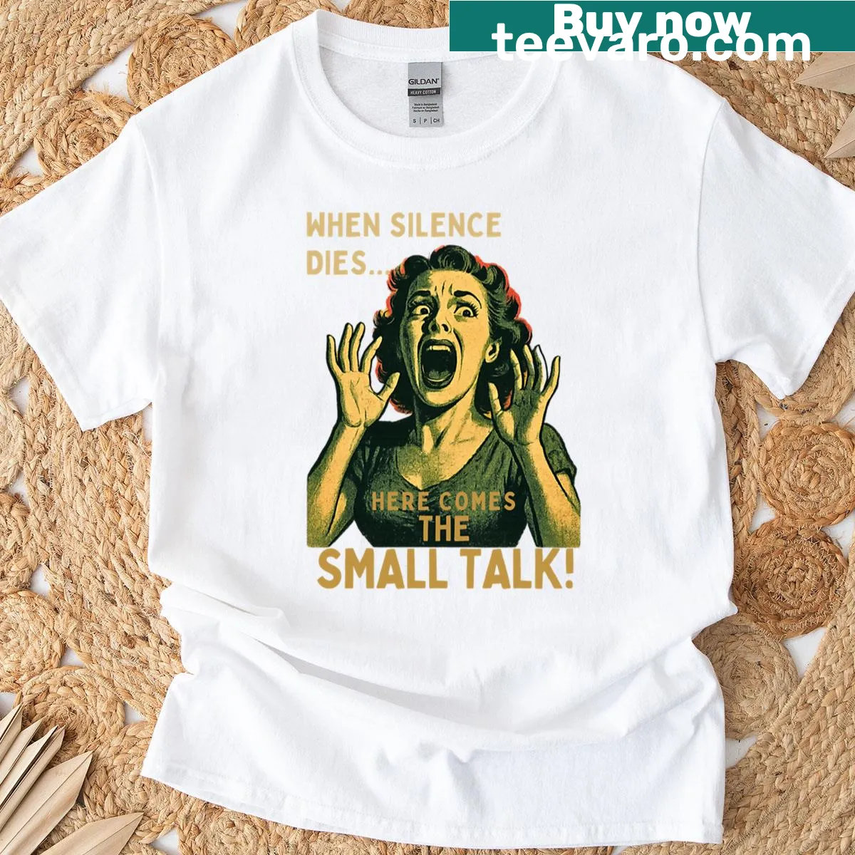 Funny T-shirt with a cartoon illustration about introverts and horror themes — on a men's t-shirt