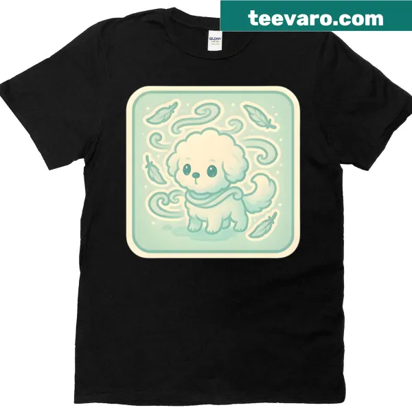 Illustration of a Bichon Frise pup surrounded by feathers on a t-shirt.