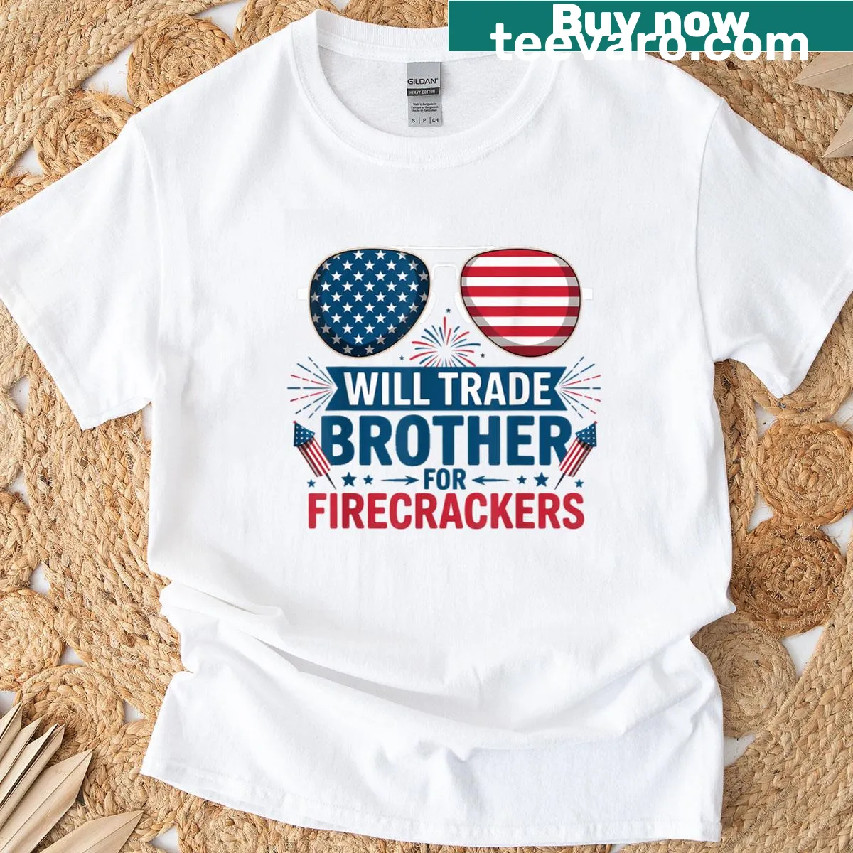 Funny Fourth of July T-shirt with the phrase about trading a brother for firecrackers — on a men's t-shirt