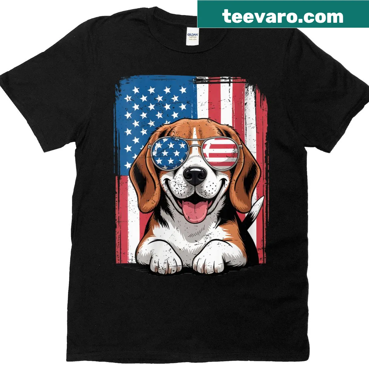 Patriotic T-shirt with a beagle and American flag design — on a men's t-shirt