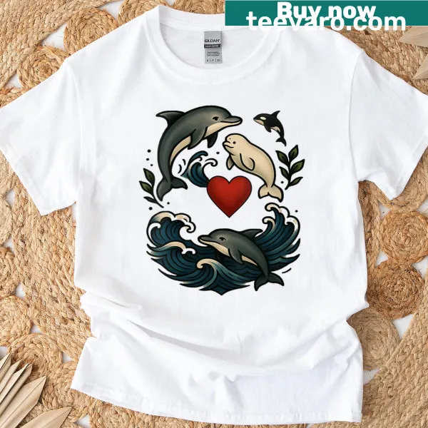 Retro T-shirt featuring orcas, dolphins, and belugas in cute artwork