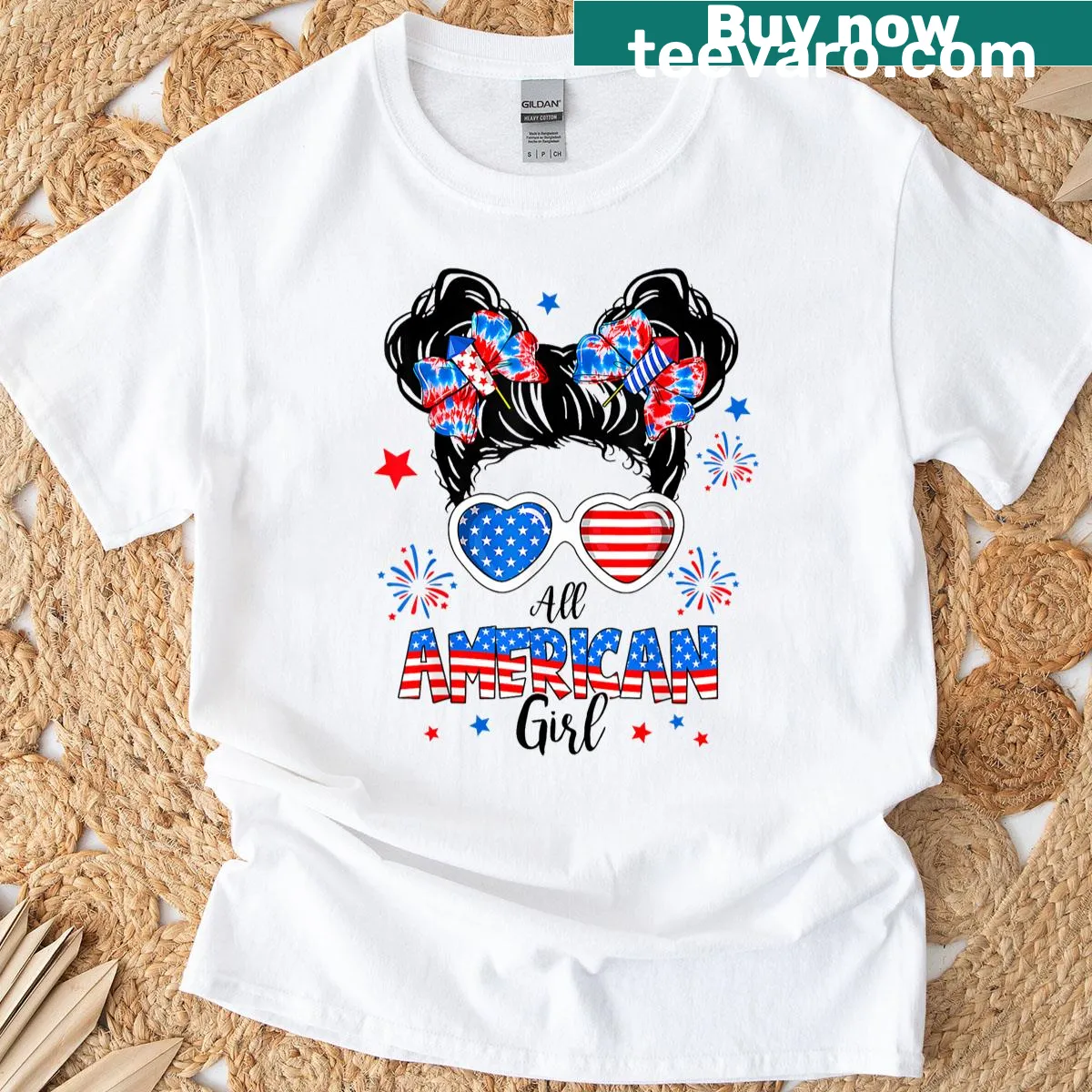 Messy bun and USA flag graphic on a July 4th t-shirt — on a men's t-shirt