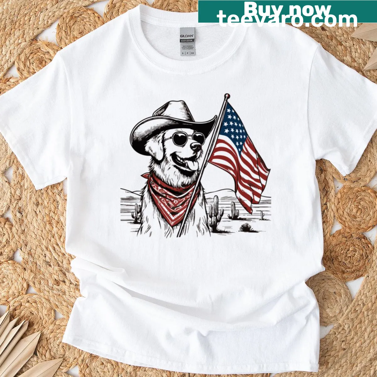 Golden Retriever wearing American flag design for July 4th — on a men's t-shirt