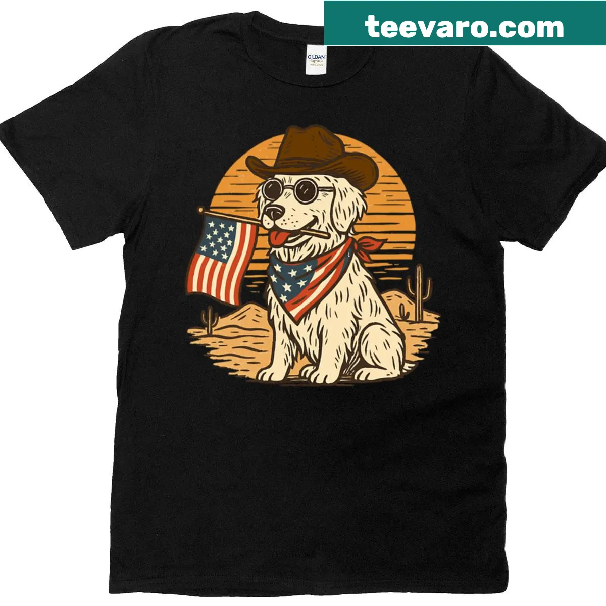 4th of July t-shirt with golden retriever graphic — on a men's t-shirt