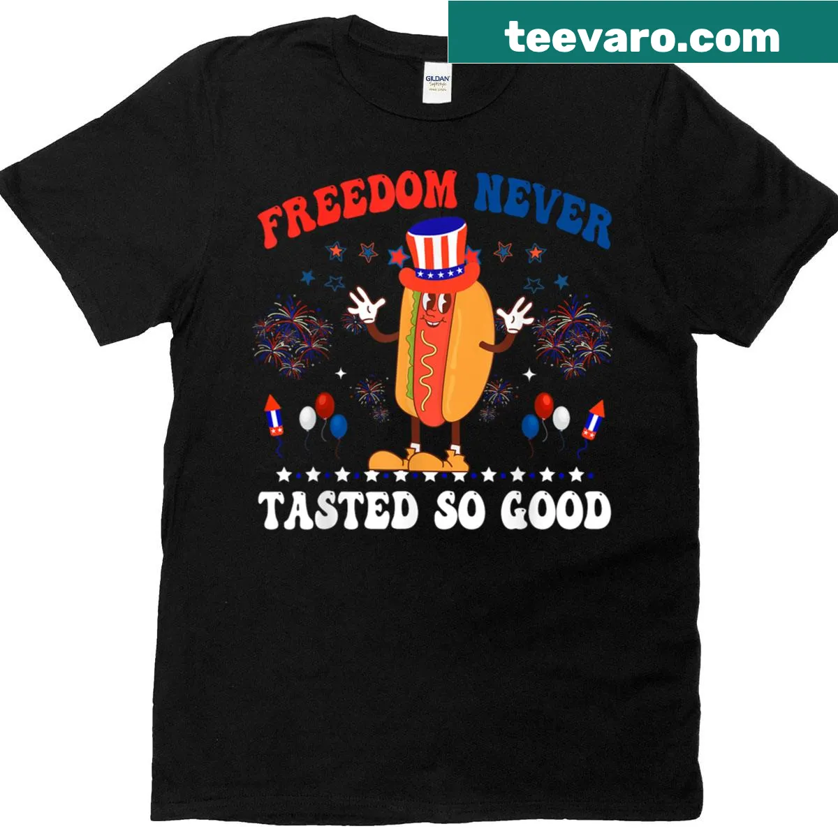Humorous Fourth of July t-shirt featuring a hotdog graphic — on a men's t-shirt
