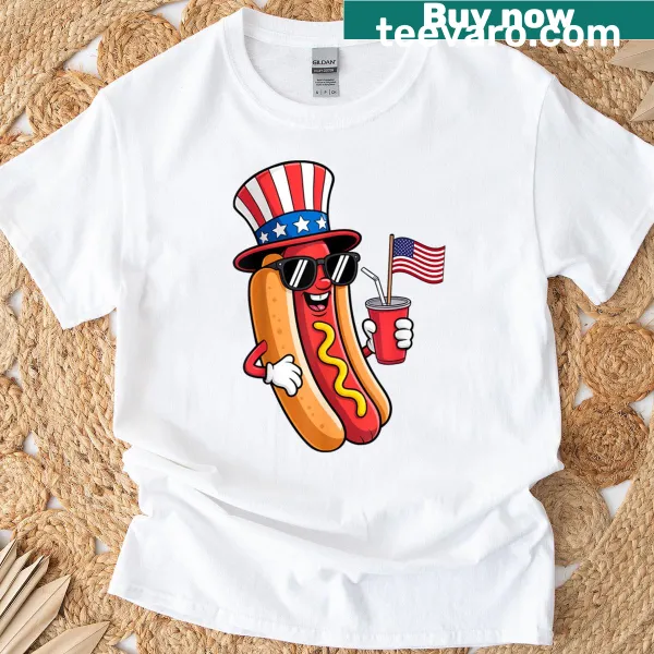 Cartoon hotdog in patriotic gear for July 4th celebration