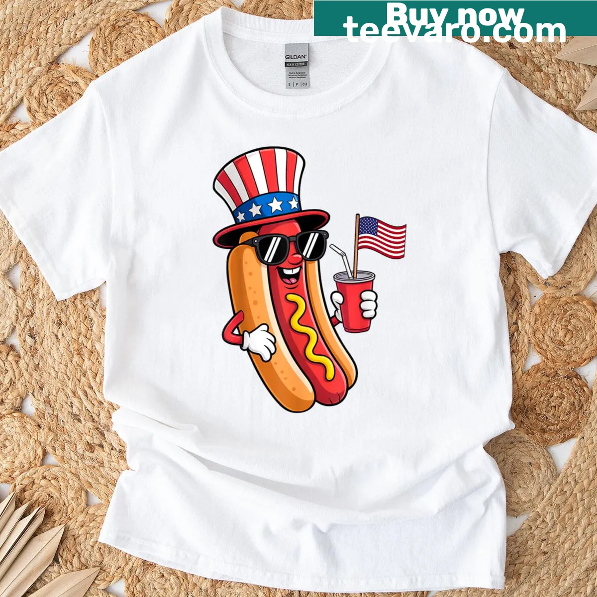 Cartoon hotdog in patriotic gear for July 4th celebration — on a men's t-shirt