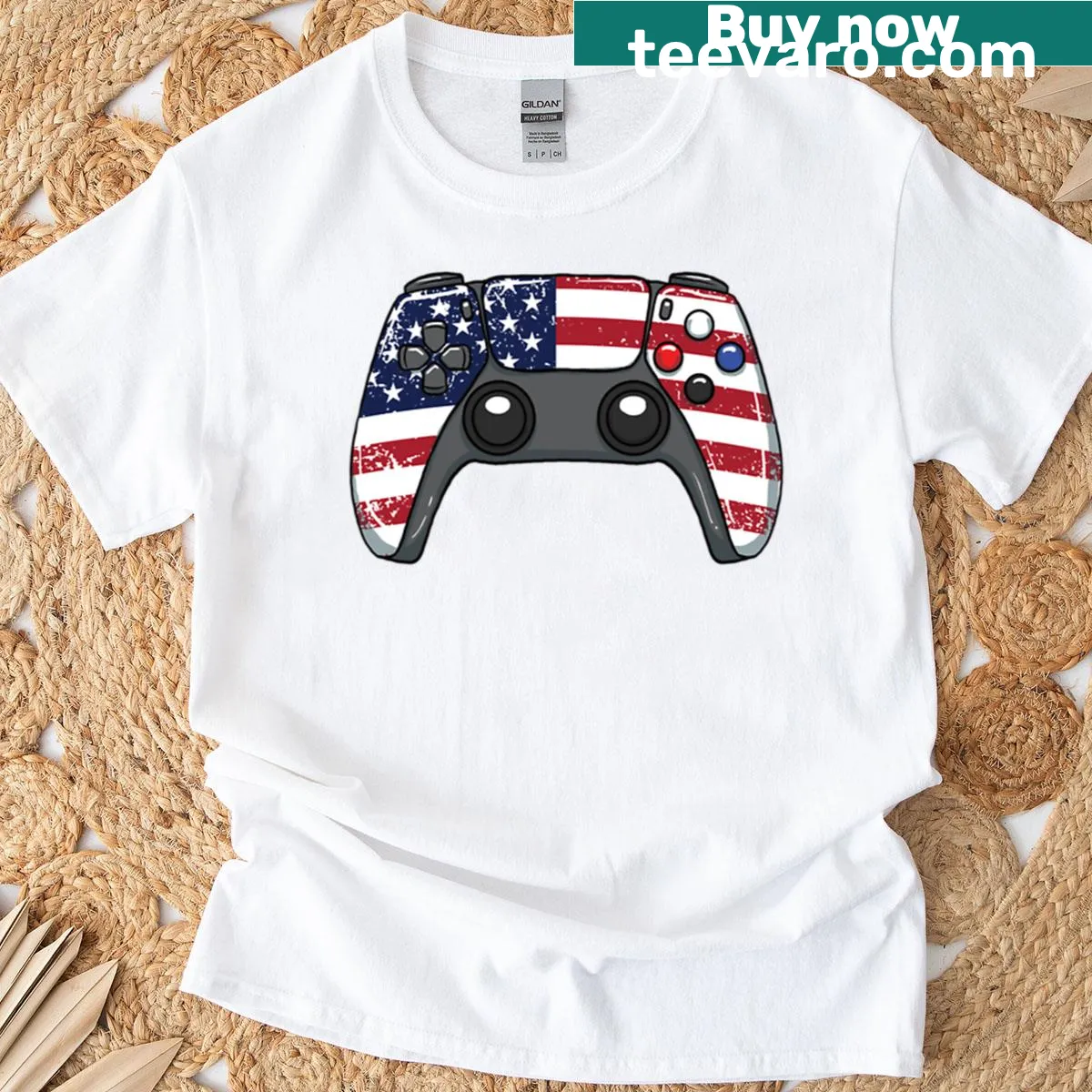 T-shirt with video game controller graphic themed for Fourth of July — on a men's t-shirt