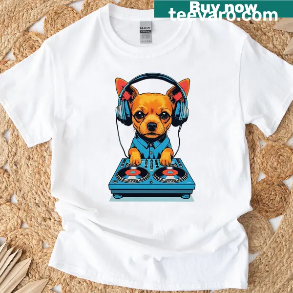 Illustration of a ginger small dog DJing with headphones