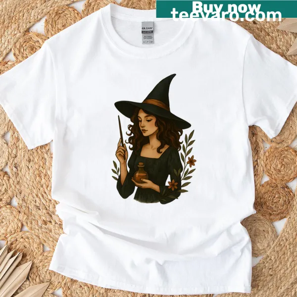Illustration of a witch with celestial elements
