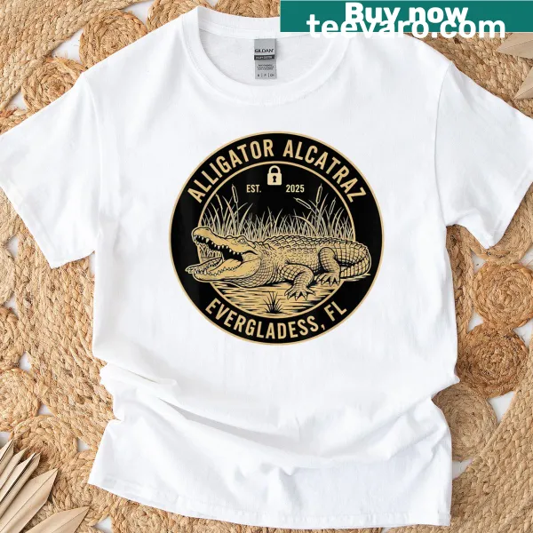 Parody design T-shirt featuring alligators and Alcatraz
