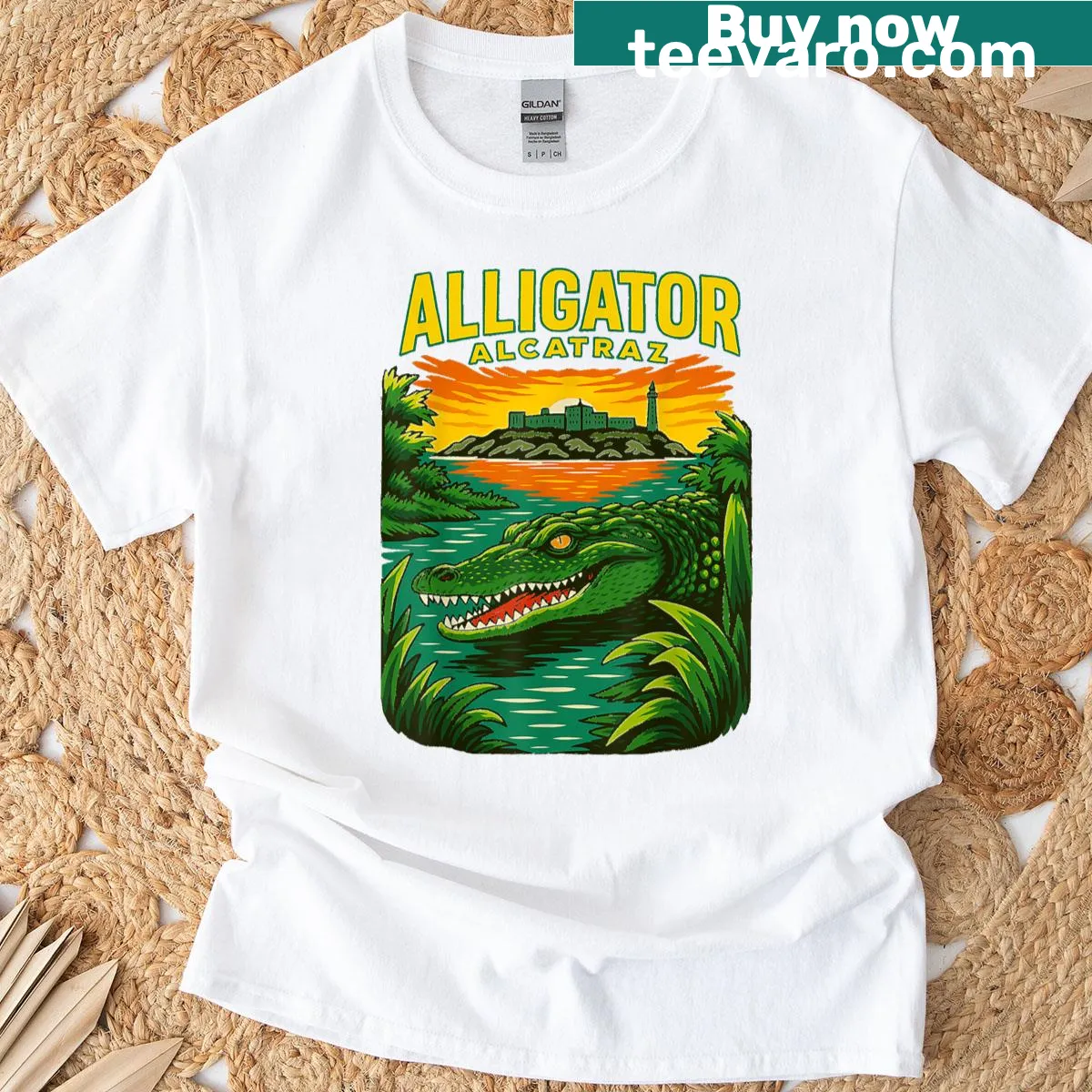 Retro vintage alligator sunset design on Alcatraz T-shirt — on a men's t-shirt