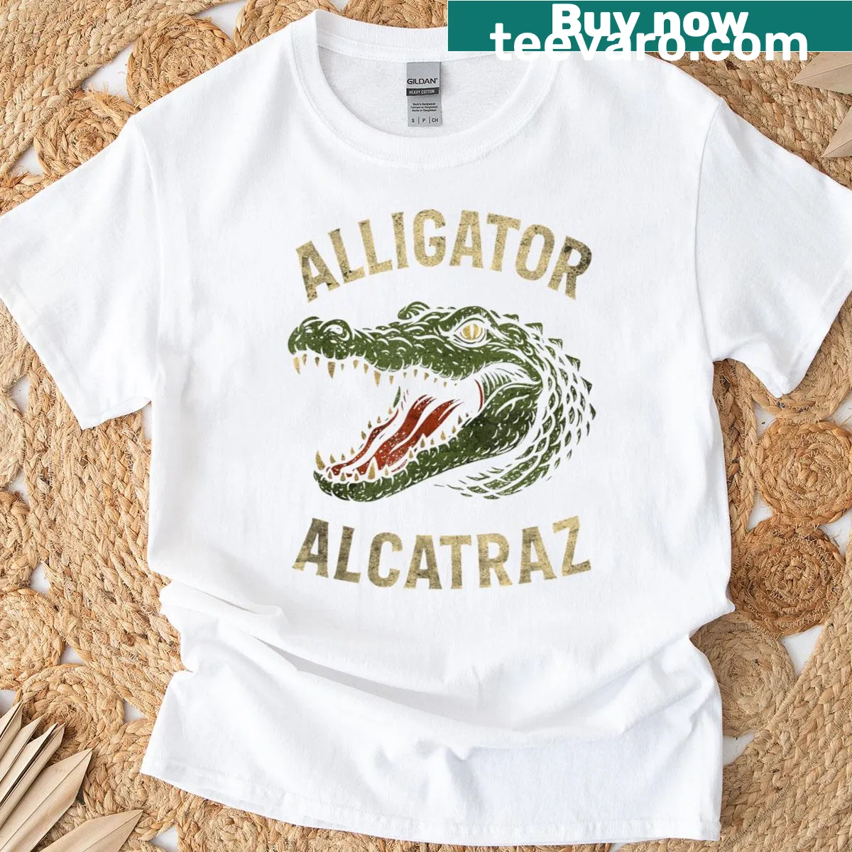 Vintage-style T-shirt featuring a bold alligator graphic and retro prison design — on a men's t-shirt