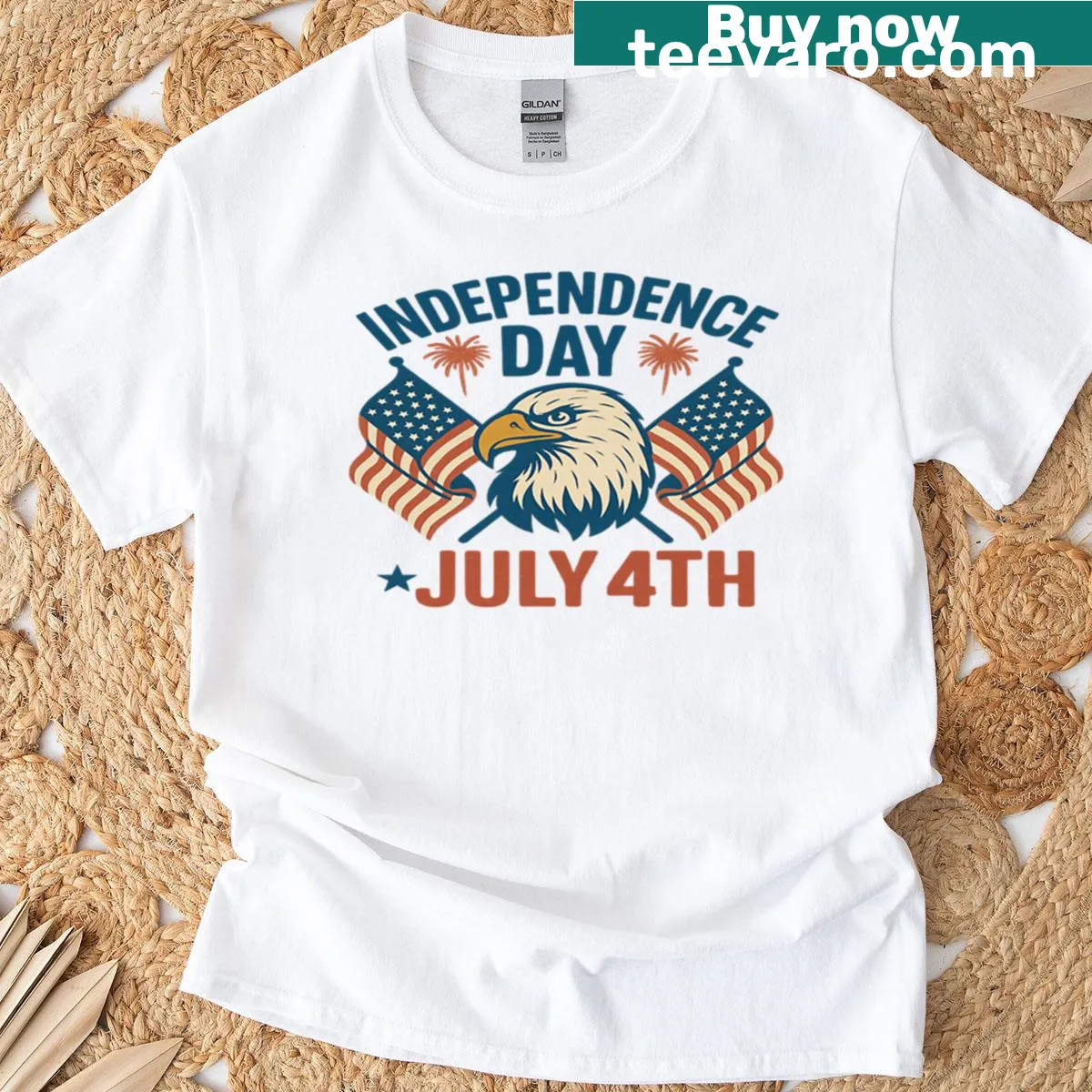 T-shirt with an eagle graphic surrounded by flags for Independence Day — on a men's t-shirt