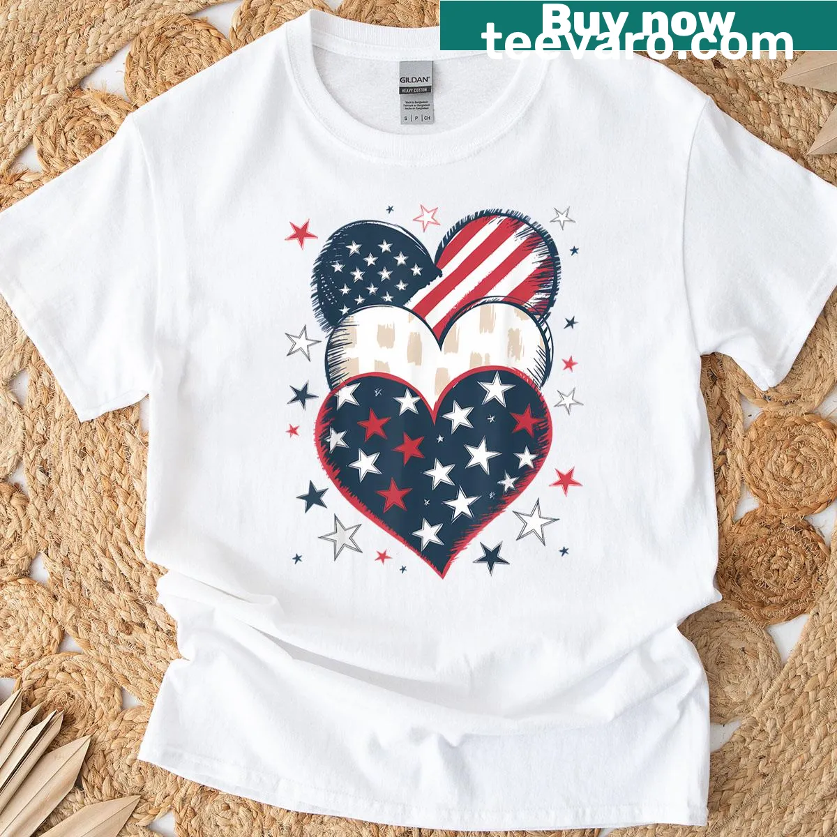 Heart graphic made from the American flag for July 4th — on a men's t-shirt