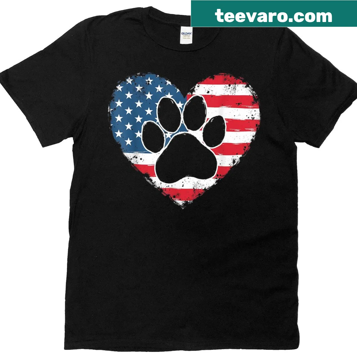 Patriotic T-shirt with American flag and paw prints for pets — on a men's t-shirt