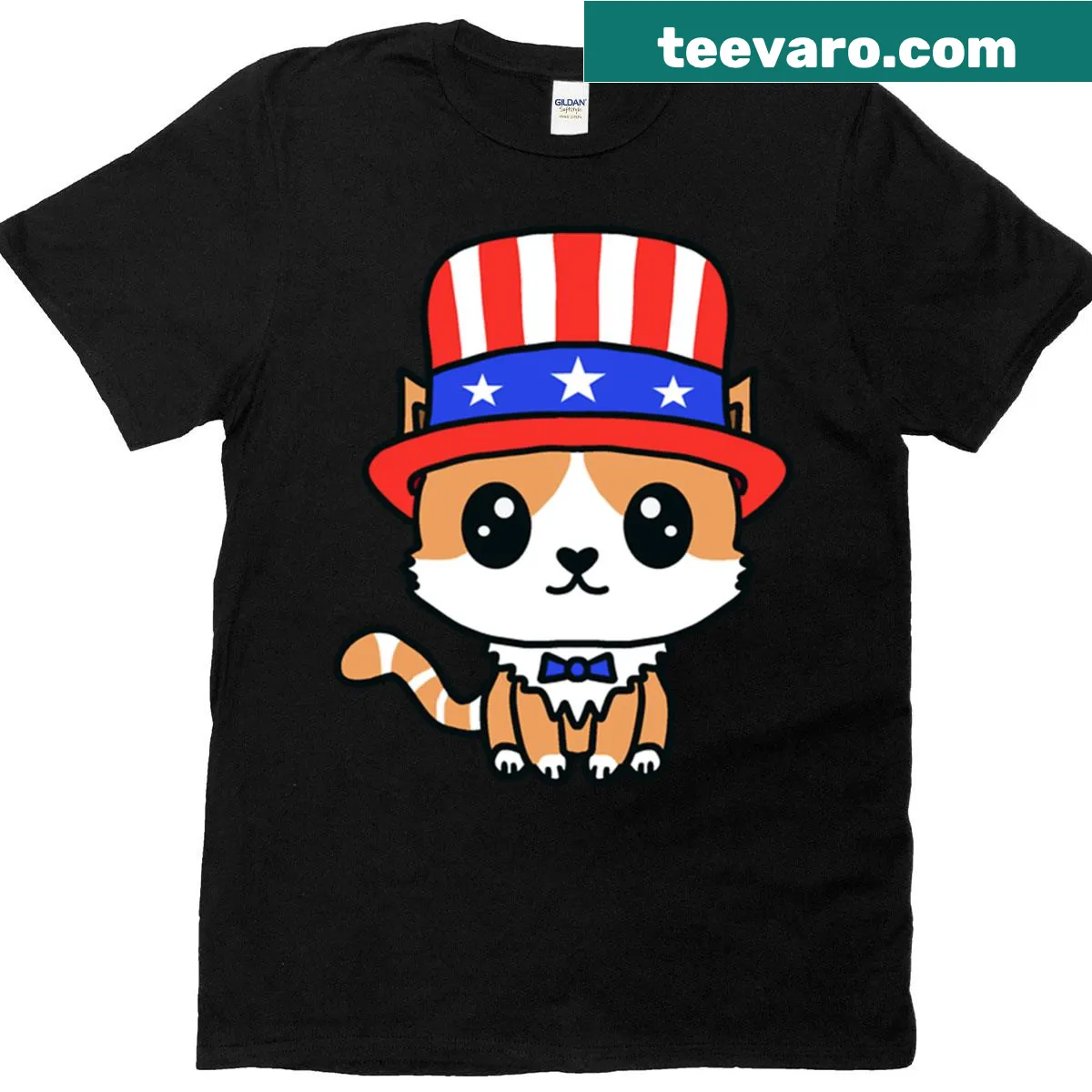 Cute T-shirt featuring a cat in American flag design — on a men's t-shirt