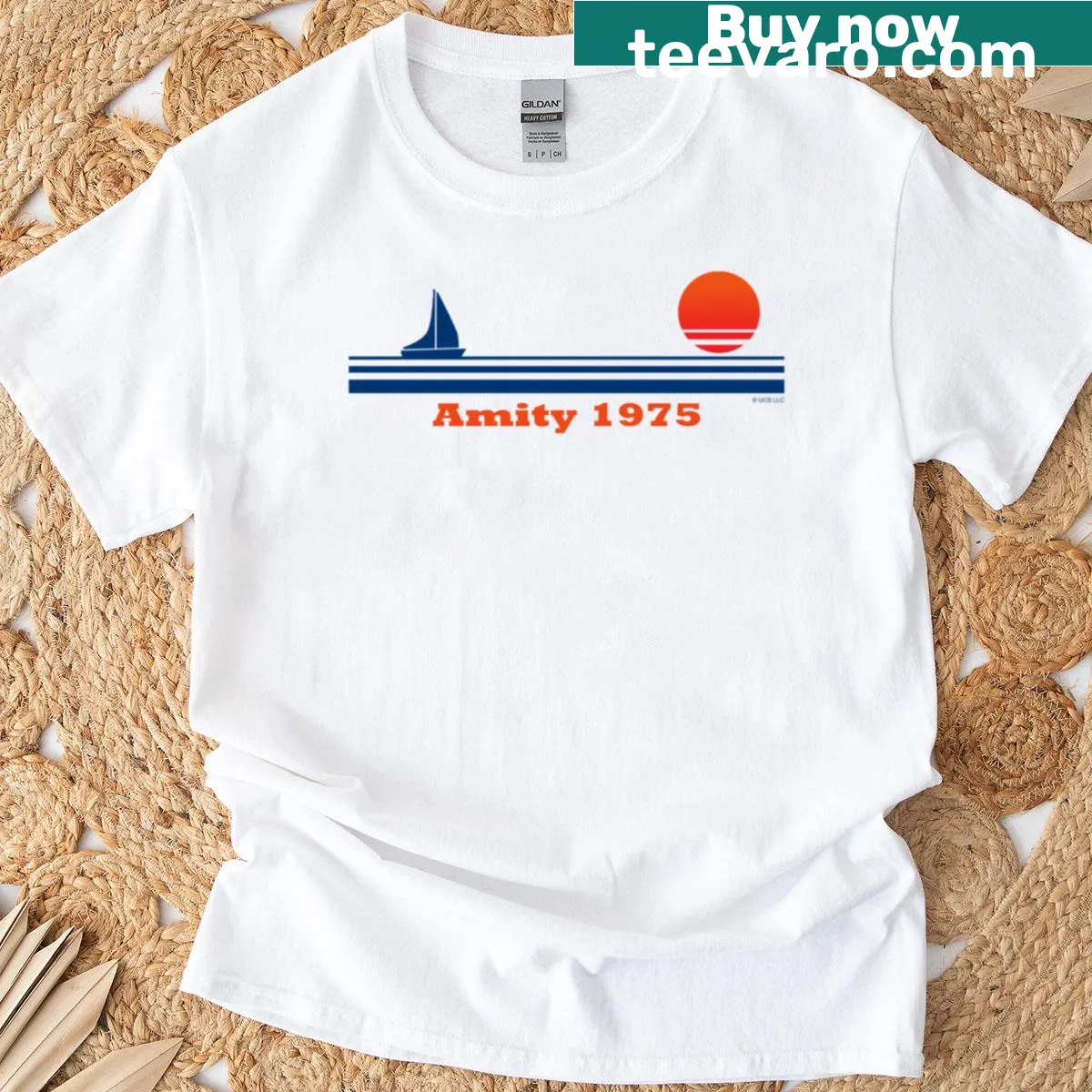 Vintage-style T-shirt referencing Amity 1975 — on a men's t-shirt