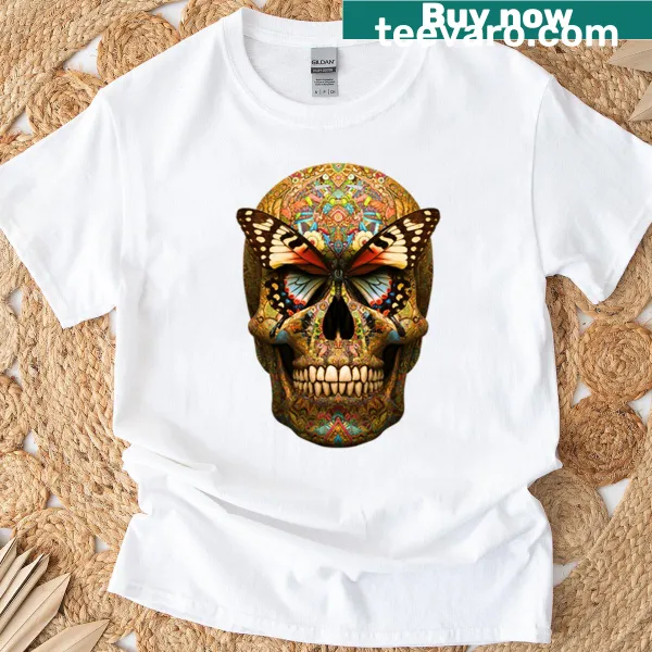 Aztec design featuring a butterfly skull illustration on a T-shirt