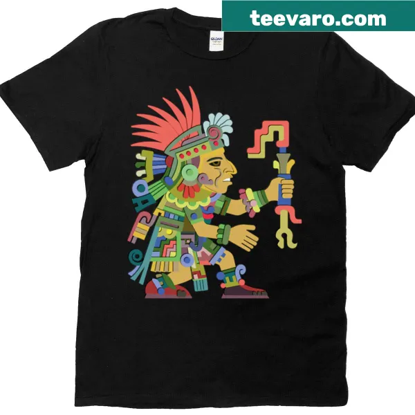 Illustration of an Aztec warrior on a T-shirt, showcasing cultural heritage