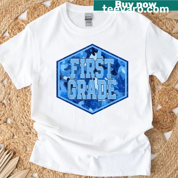 Blue camo T-shirt for boys featuring playful design for first graders