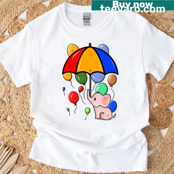 Cute elephant with umbrella and balloons design on a T-shirt