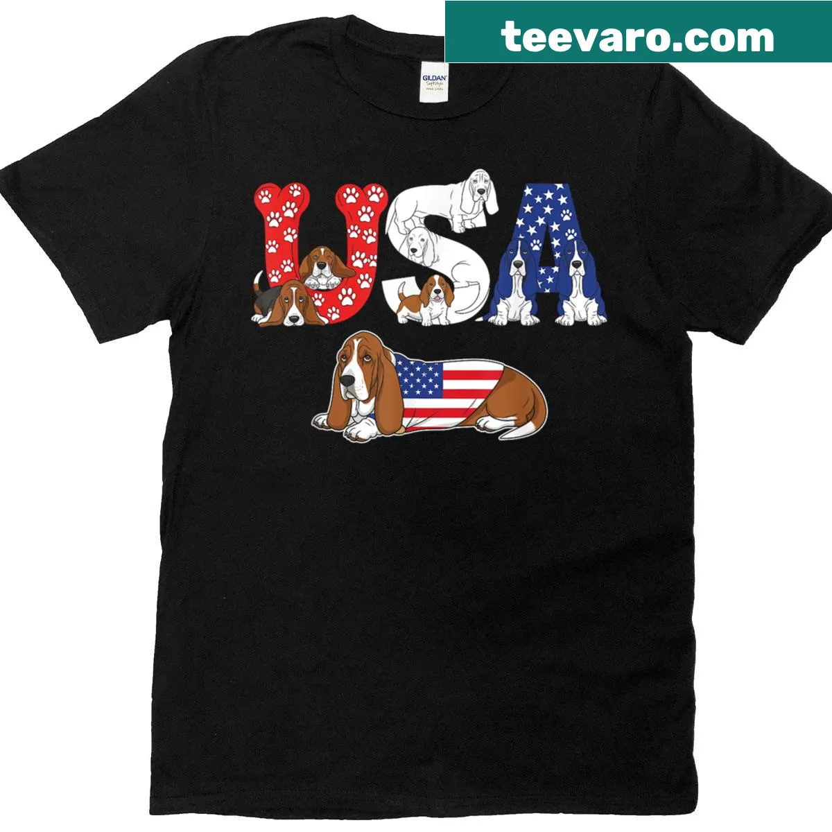 T-shirt featuring a Basset Hound with the American flag for Fourth of July. — on a men's t-shirt
