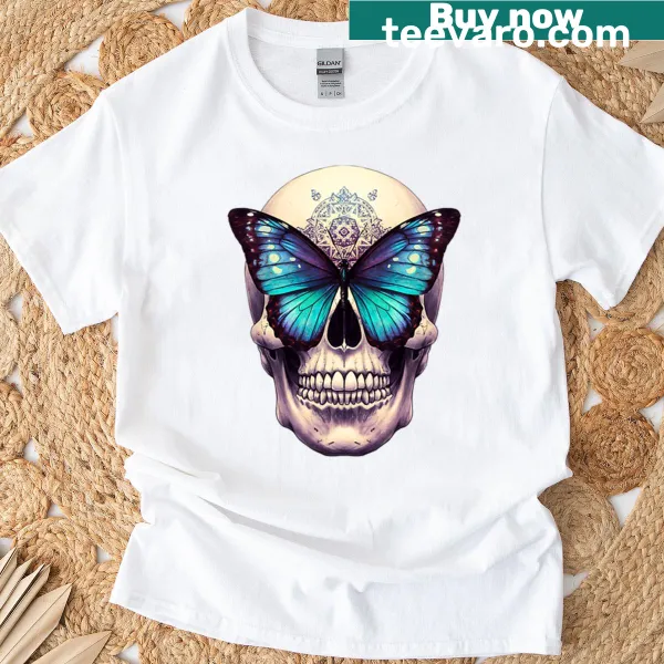 Illustrated butterfly skull design with mandala patterns on a T-shirt