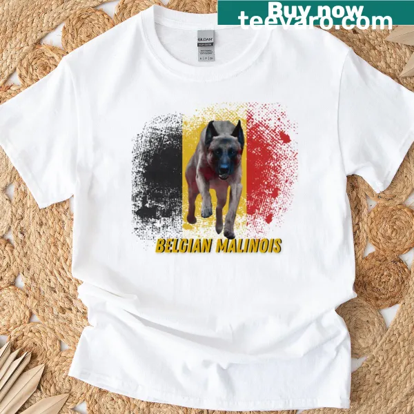 Illustration of a Belgian Malinois running with the Belgium flag.