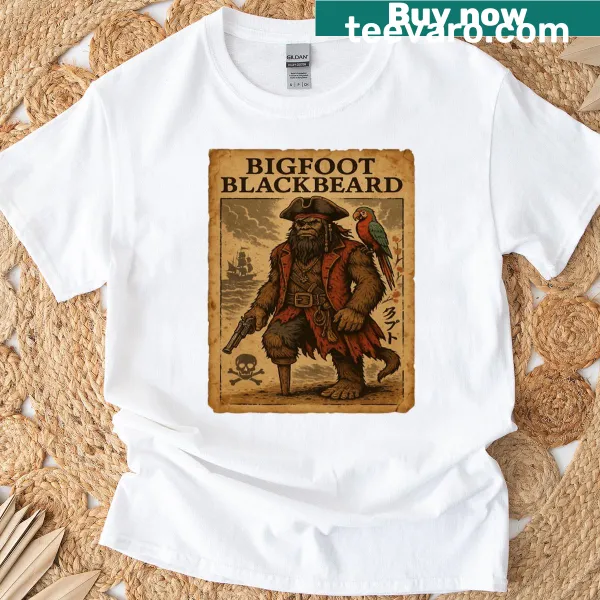 Vintage-style T-shirt featuring Bigfoot as a pirate graphic.