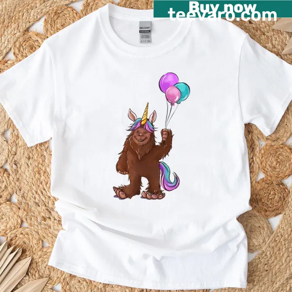 Playful Bigfoot unicorn t-shirt