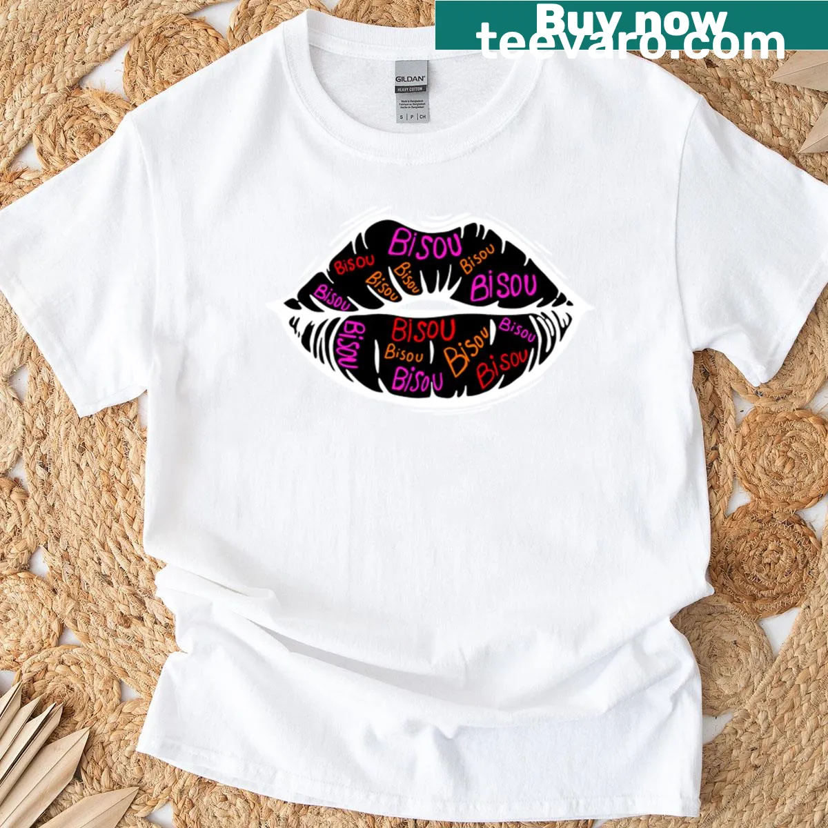 Graphic T-shirt featuring playful lips and the word 'Bisou' — on a men's t-shirt