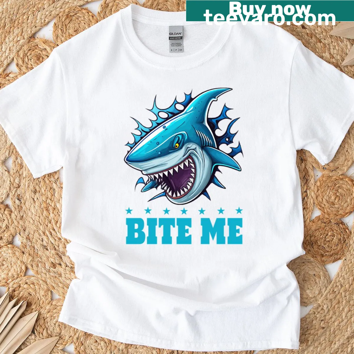 Funny shark graphic with the phrase 'Bite Me' — on a men's t-shirt