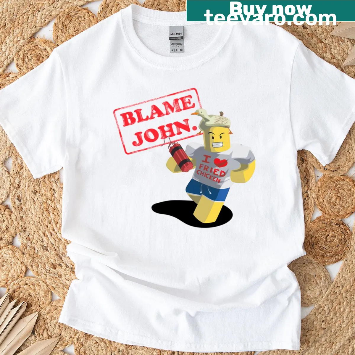 Funny t-shirt with the phrase 'Blame John' inspired by Roblox memes — on a men's t-shirt