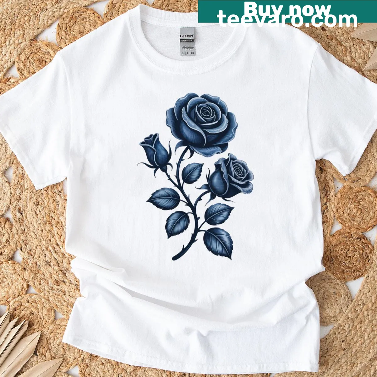 Women's t-shirt featuring a blue rose denim graphic design — on a men's t-shirt