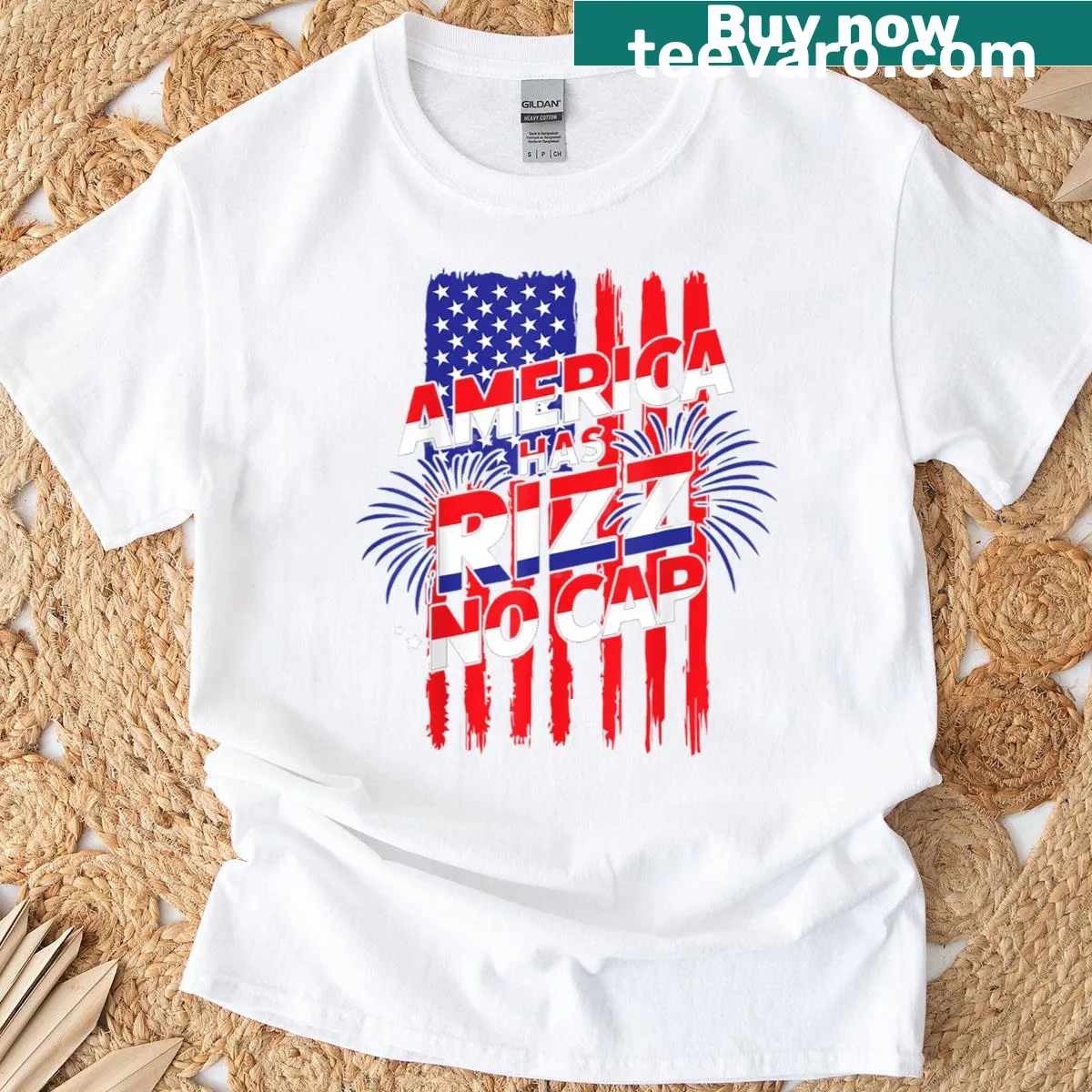 Fourth of July t-shirt with 'Bruh America Has Rizz No Cap' text — on a men's t-shirt