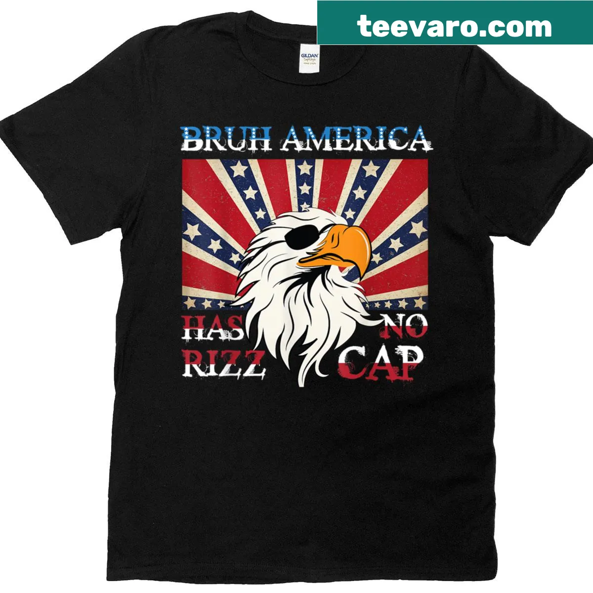 Funny Fourth of July T-shirt with 'Bruh America Has Rizz No Cap' text — on a men's t-shirt