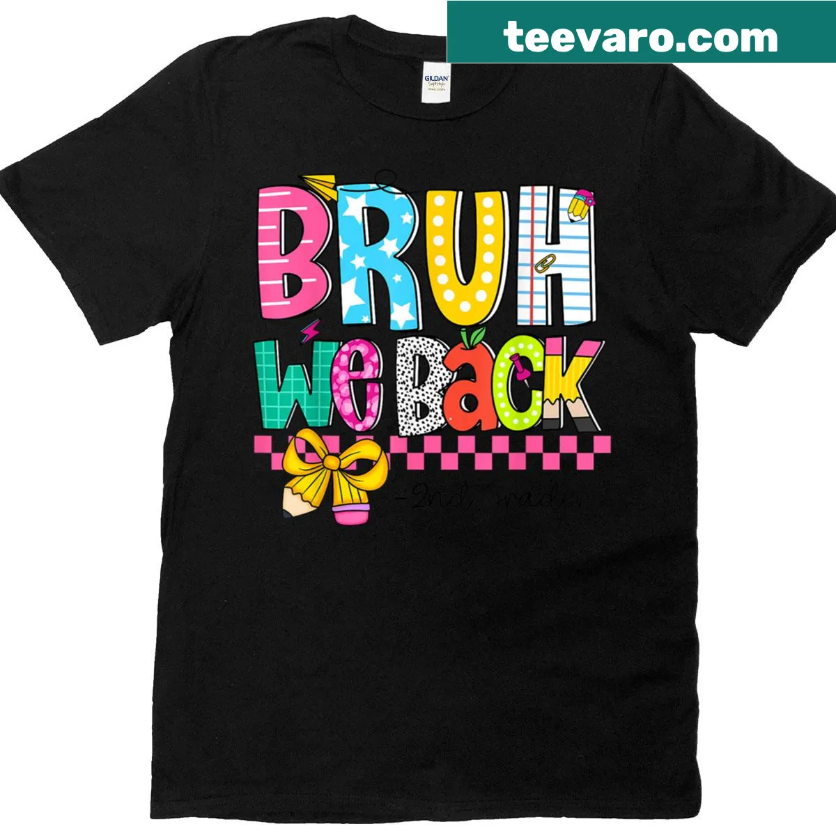Teacher t-shirt with playful 'Bruh We Back' slogan for second grade. — on a men's t-shirt